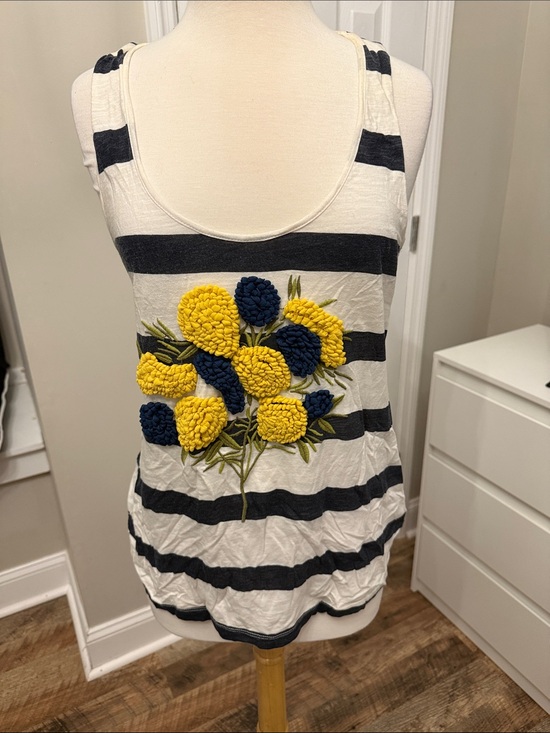 Pilcro and the Letterpress Tops - Pilcro and the Letterpress Navy & White Striped Tank with Yellow Floral Appliqué